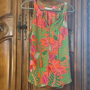 Anthropologie Like NEW Rose & OliveOrange and Green Leaf Tropical Print Blouse L